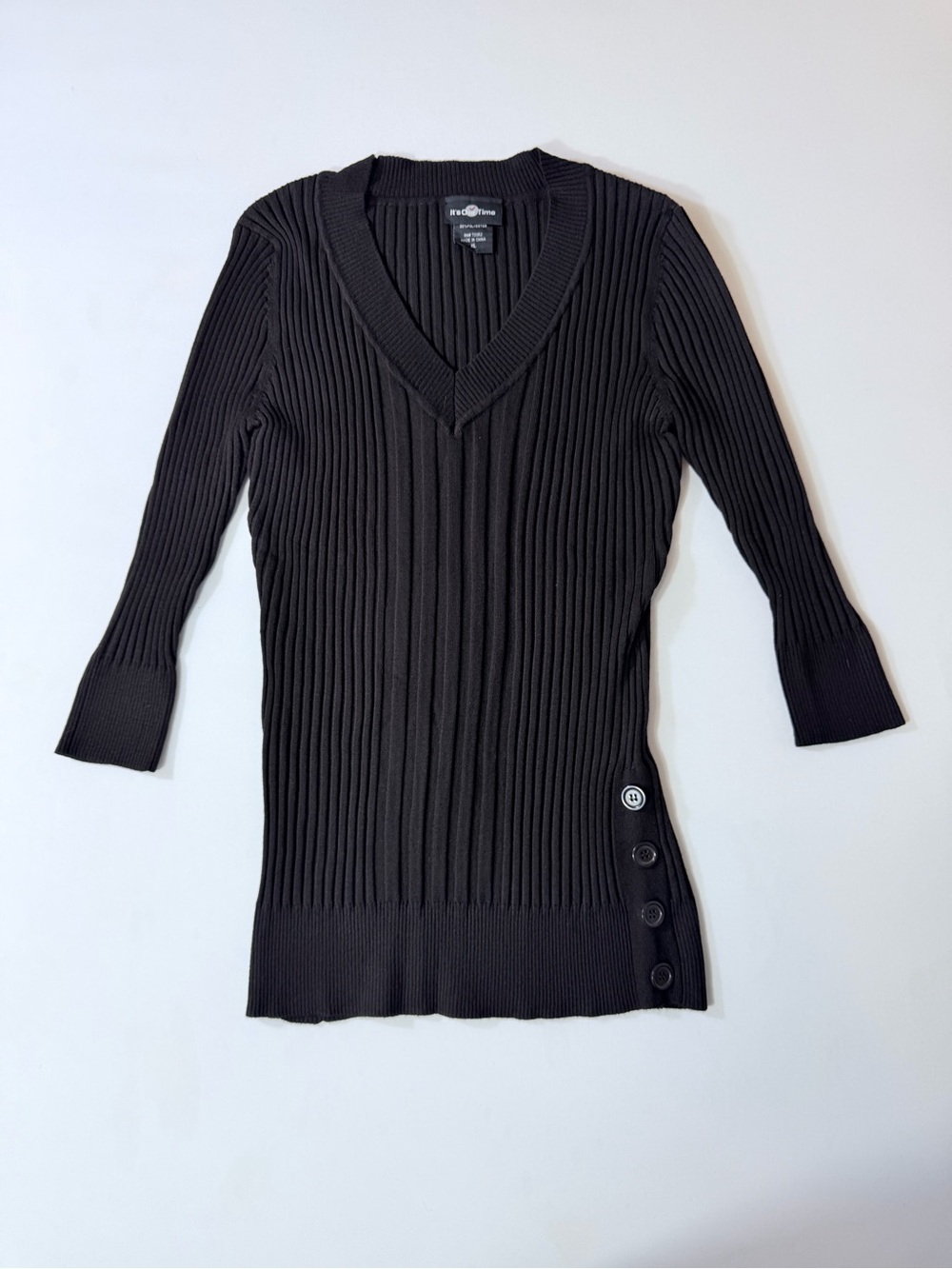 Vintage 90βs 00βs True Y2K Black Fitted Ribbed V-Neck Henley Womenβs XL Grunge
